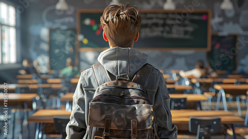 3d model of students on their first day of classes, with classrooms and blackboard in the background, a student with his backpack photo