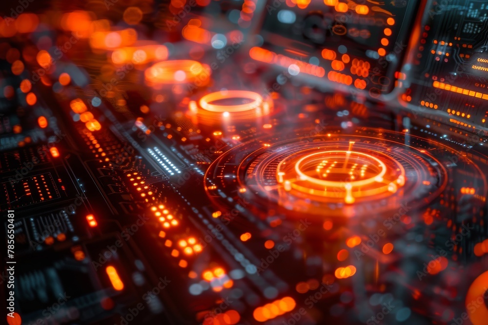 High-tech image displays a circular interface on a detail-rich circuit board, representing concepts of advanced technology and data analysis High-tech image displays a circular interface on a detail-rich circuit board, representing concepts of advanced technology and data analysis