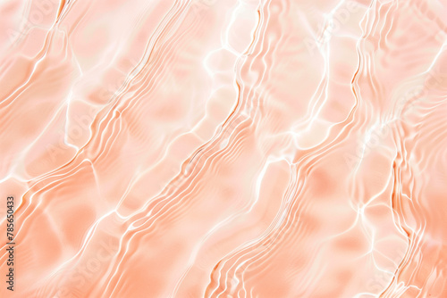 Flat lay water texture wavy peach fuzz background. Spa, cosmetics or summer concept