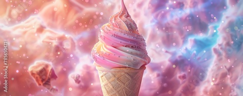 A fantastical 3D illustration of an ice-cream cone, its scoops a microcosm of the galaxy with shimmering stars and colorful gas clouds photo