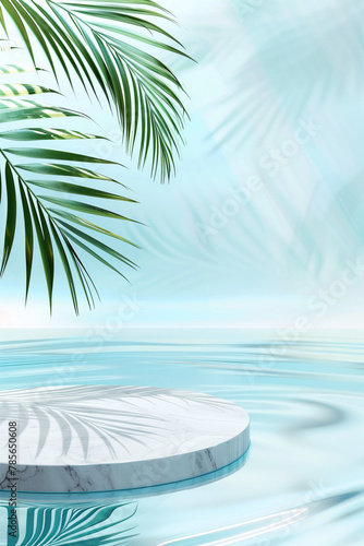 Round marble podium with palm tree leaves against blue water surface background. Spa  cosmetics and summer concept. Space for product placement