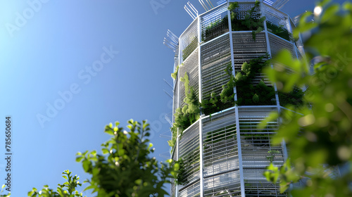 An urban cooling tower designed to reduce heat islands in metropolitan areas through evaporative cooling and green facades. photo