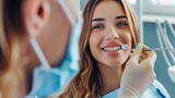A young woman with dental braces smiling during a dental appointment.