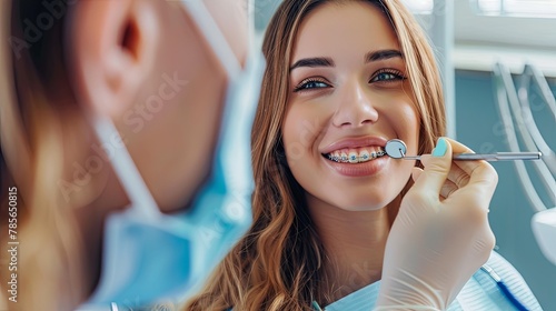 A young woman with dental braces smiling during a dental appointment.