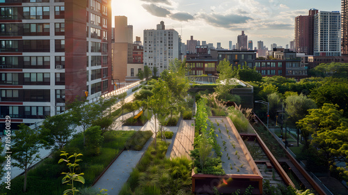 An urban regeneration project featuring a series of interconnected green rooftops providing community gardens and outdoor recreational spaces in a dense city environment. photo