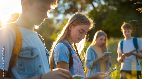 Teens engaged in a financial literacy scavenger hunt, using clues related to budgeting and spending wisely. They gather around clues lit by sunlight, casting soft shadows that add photo