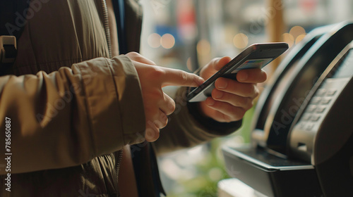 Close-up of a young man’s hands as he taps his smartphone to a NFC card machine at a retail store. The natural light from the store windows highlights the simplicity and convenienc photo