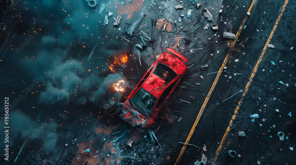 Aerial View of a Car Crash. Generative AI. Aerial View of a Car Crash. Generative AI.