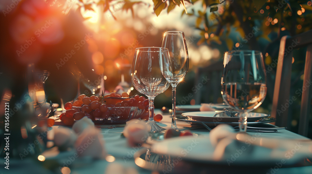  Dining Experience: Garden Party Table Setup with Fairy Lights, Greenery, and Natural Wooden Accents. Generative AI.