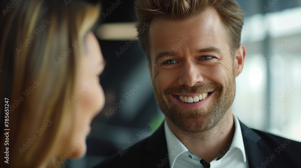 Confident Smiling Businessman in Modern Office Setting. Generative AI. Confident Smiling Businessman in Modern Office Setting. Generative AI.