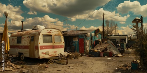 an old trailer and a camper are parked in a junkyard © progressman