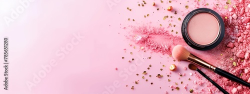 a pink background with makeup and cosmetics items on it