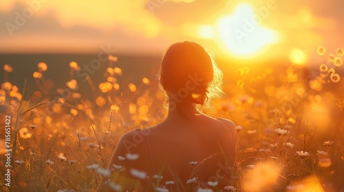 a woman standing in a field of flowers at sunset