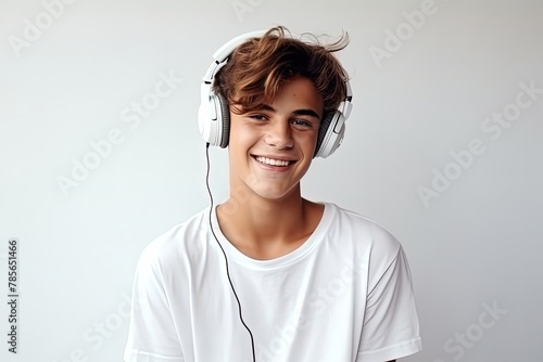  teen boy listening to music in headphones