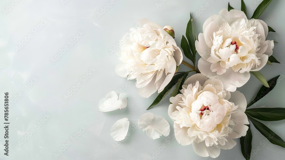 Beautiful peonies on pastel background top view Beautiful peonies on pastel background top view