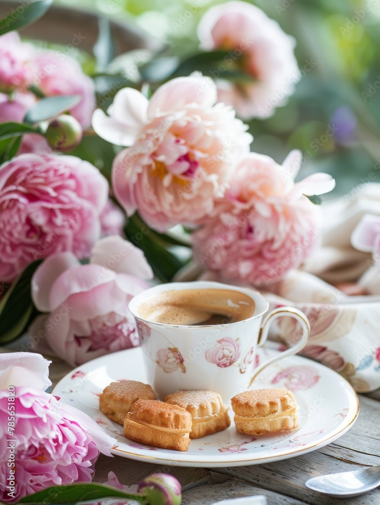 Coffee, peonies and dessert in a Garden Coffee, peonies and dessert in a Garden