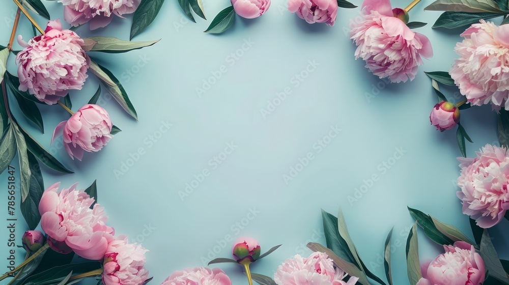 Beautiful peonies on pastel background top view Beautiful peonies on pastel background top view