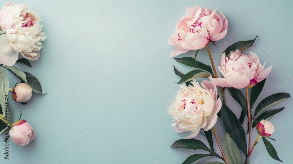 Beautiful peonies on pastel background top view