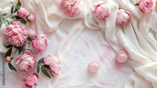Summer picnic. Tablecloth with pink peonies flowers