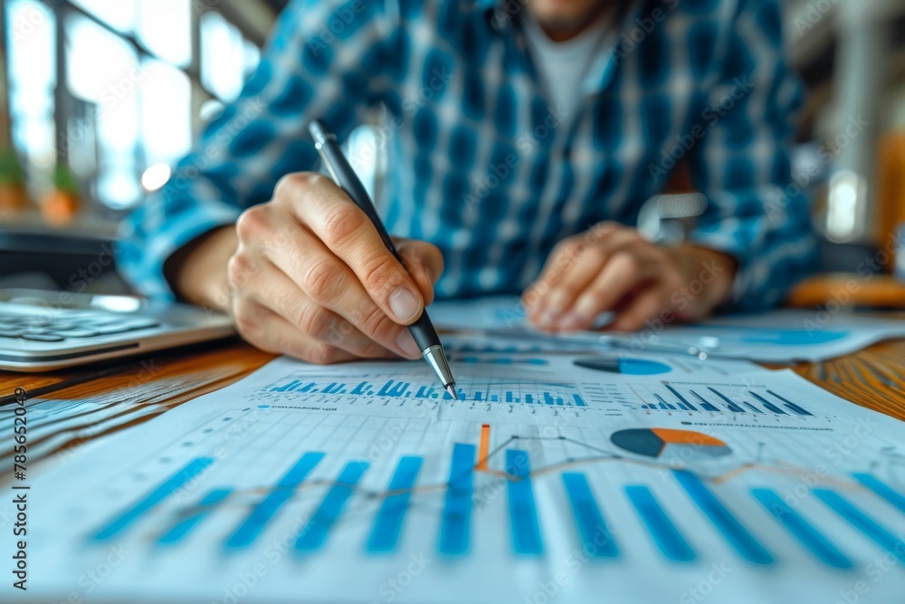 A sharp image of a businessman's hands pointing to key indicators on a financial report with a blue felt pen A sharp image of a businessman's hands pointing to key indicators on a financial report with a blue felt pen