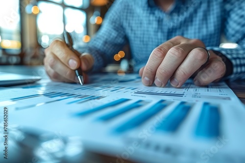 Detailed view of a businessman's hands reviewing bar graphs and charts, depicting strategic financial planning