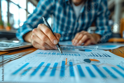 A sharp image of a businessman's hands pointing to key indicators on a financial report with a blue felt pen
