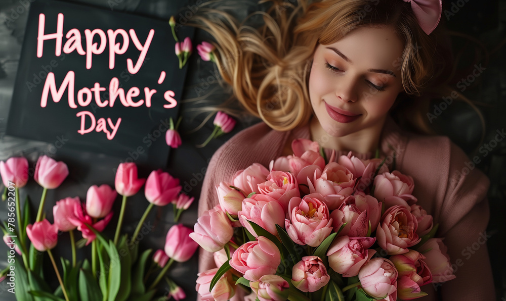 Portrait of happy mother and daughter, mother and child with a bouquet of blooming flowers. Mother's Day holiday card, concept. Family, love, gift Portrait of happy mother and daughter, mother and child with a bouquet of blooming flowers. Mother's Day holiday card, concept. Family, love, gift