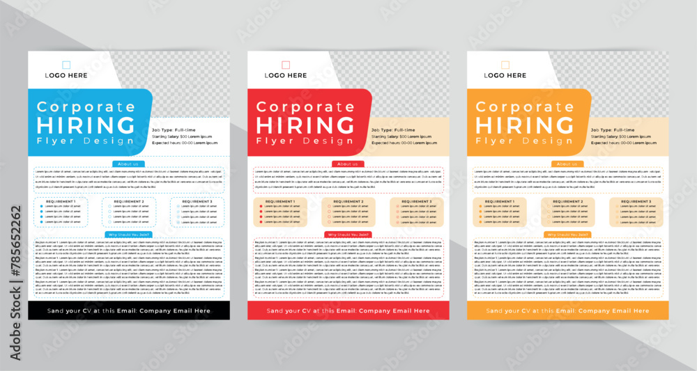 Corporate Modern Business Hiring Flyer Design Template.  3 Colors of  ad for Employee hiring. natural abstract geometric shapes.