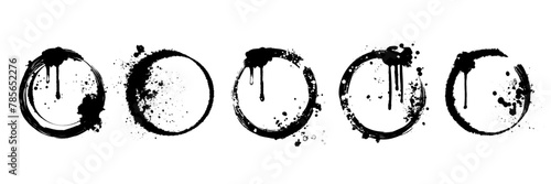 Ink circle frame set, vector hand drawn grunge dripped round shapes, black oriental brushstroke. Watercolor splash dark design elements, spray effect circular border. Ink circle messy asian stain