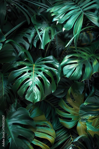 Green tropical leaves in dark background. Dark backdrop enhances the richness of these green leaves.