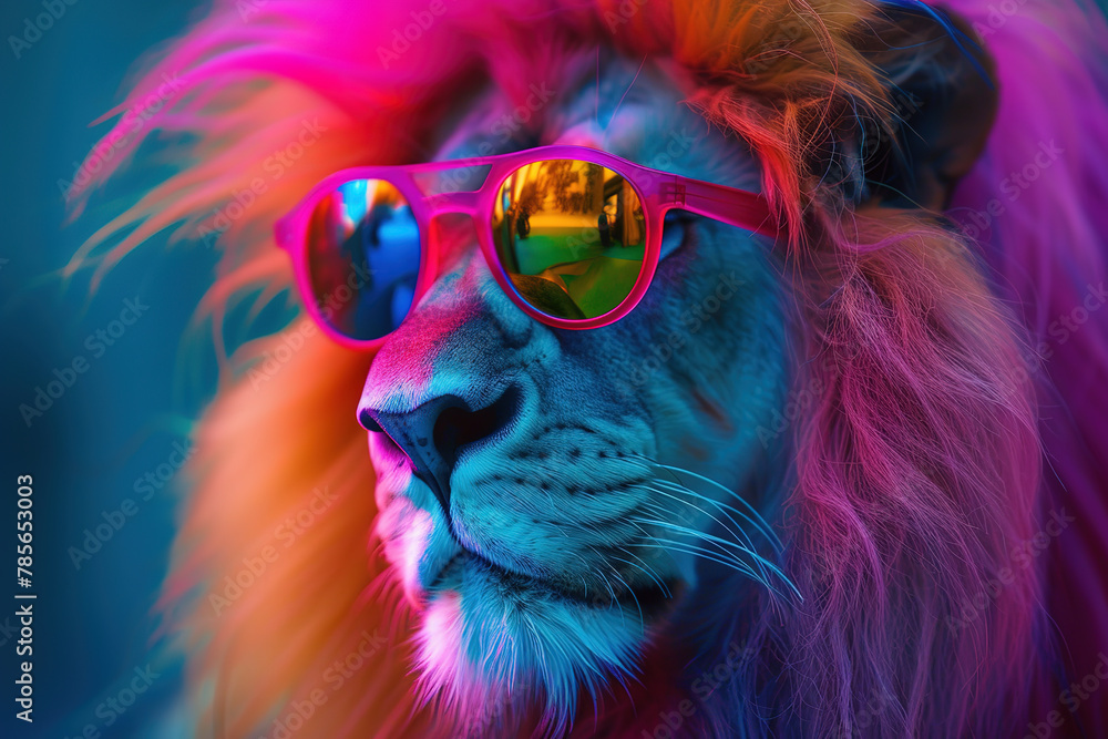 Lion with a rainbow mane and wearing sunglasses