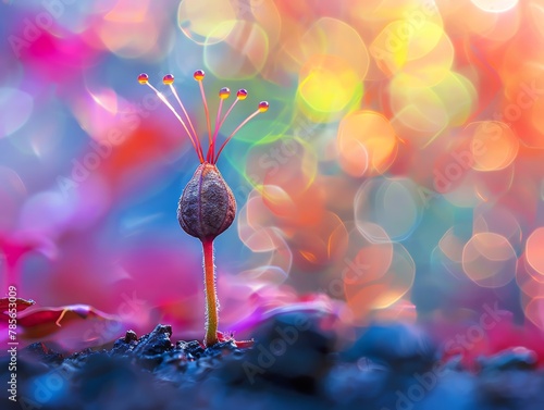 Close-up of a strange metallic seed sprouting nano-wires, amidst a colorful bokeh effect, emphasizing the oddity of nano growth photo