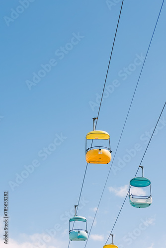 Bright colored cable car cabin over the blue sky, Santa Cruz, California