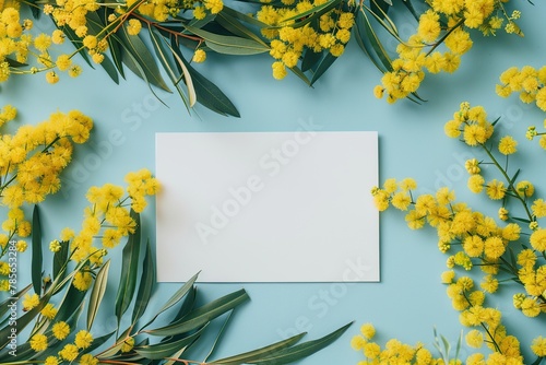 Mimosa flowers with blank greeting card on blue background
