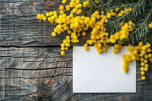 Mimosa flowers with blank greeting card on wooden table