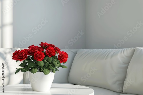 Bouquet of red rose flowers in flowerpot on table in living room