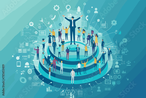Dynamic Leader Empowering Diverse Team on Circular Platforms, Cooperation and Collaboration Concept with Business Icons, Teamwork Strategy for Success and Growth, Professional Vector Illustration photo