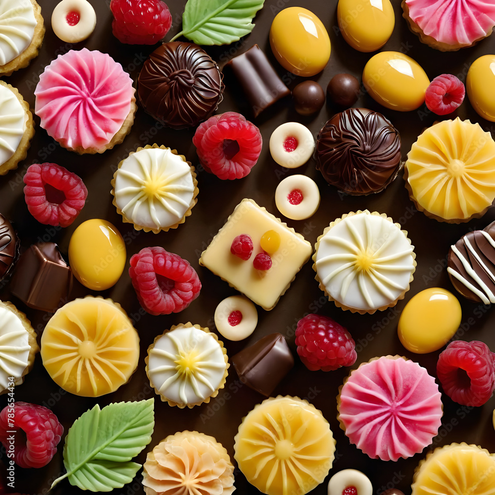 Assorted chocolate candies and raspberry. Top view. Sweets and desserts illustration. Assorted chocolate candies and raspberry. Top view. Sweets and desserts illustration.