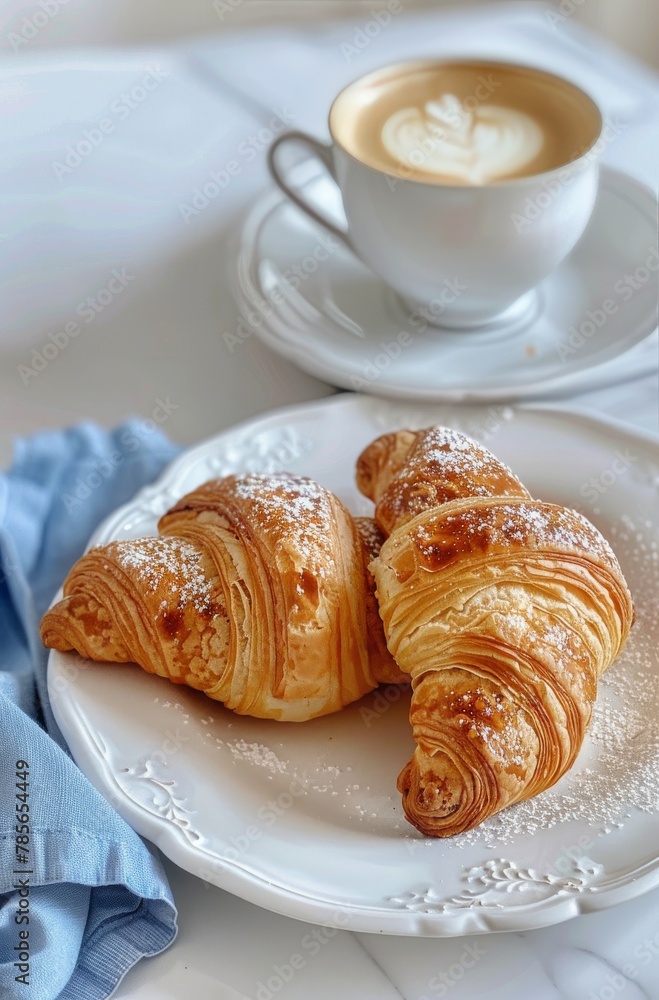 Two Croissants on a Plate With a Cup of Coffee