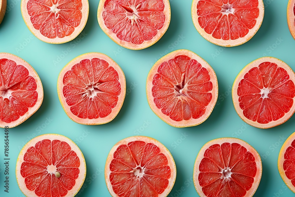 Pattern of fresh sliced grapefruits on green background Pattern of fresh sliced grapefruits on green background