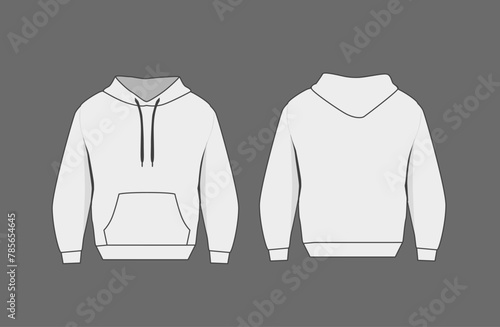 Basic white hoodie mockup. Front and back view. Blank textile print template for fashion clothing.