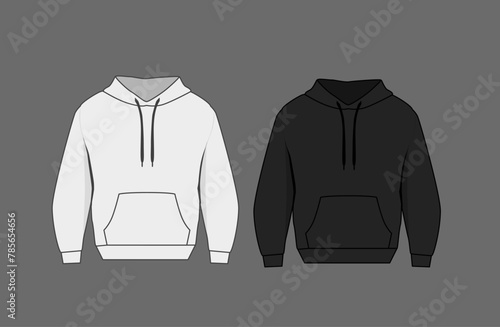 Basic black and white hoodie mockup. Front and back view. Blank textile print template for fashion clothing.
