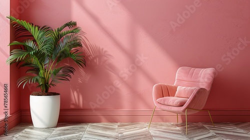 Chair and Potted Plant Against Pink Wall