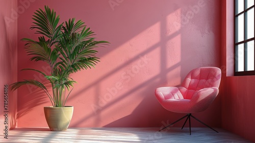 Chair and Potted Plant Against Pink Wall
