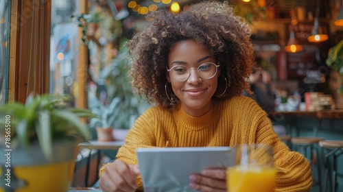 Woman Sitting at Table With Tablet