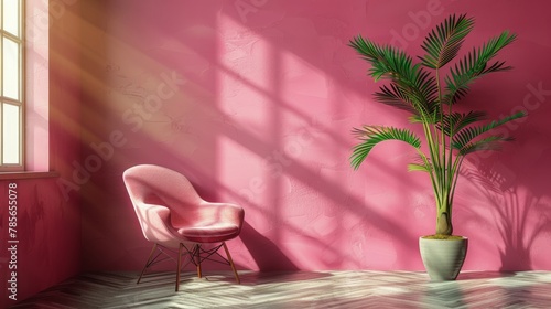 Chair and Potted Plant Against Pink Wall