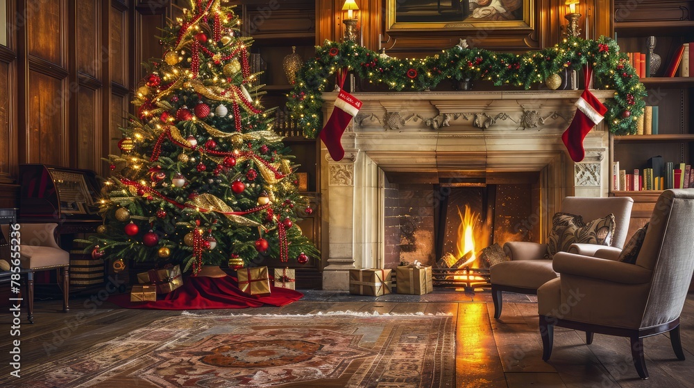 A full Christmas tree in a room, draped in twinkling lights and a mix of classic and modern ornaments, adding a touch of holiday magic to the space and evoking a sense of joy.