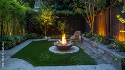 A modern outdoor fire pit burns with bright flames in a landscaped backyard garden designed for evening relaxation and outdoor lifestyle marketing imagery.