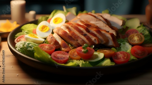 Grilled chicken breast with boiled eggs, lettuce, cherry tomatoes, and lemon on a wooden table