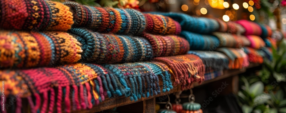 Handknit Woolen Scarves on Display at a Festive Market.